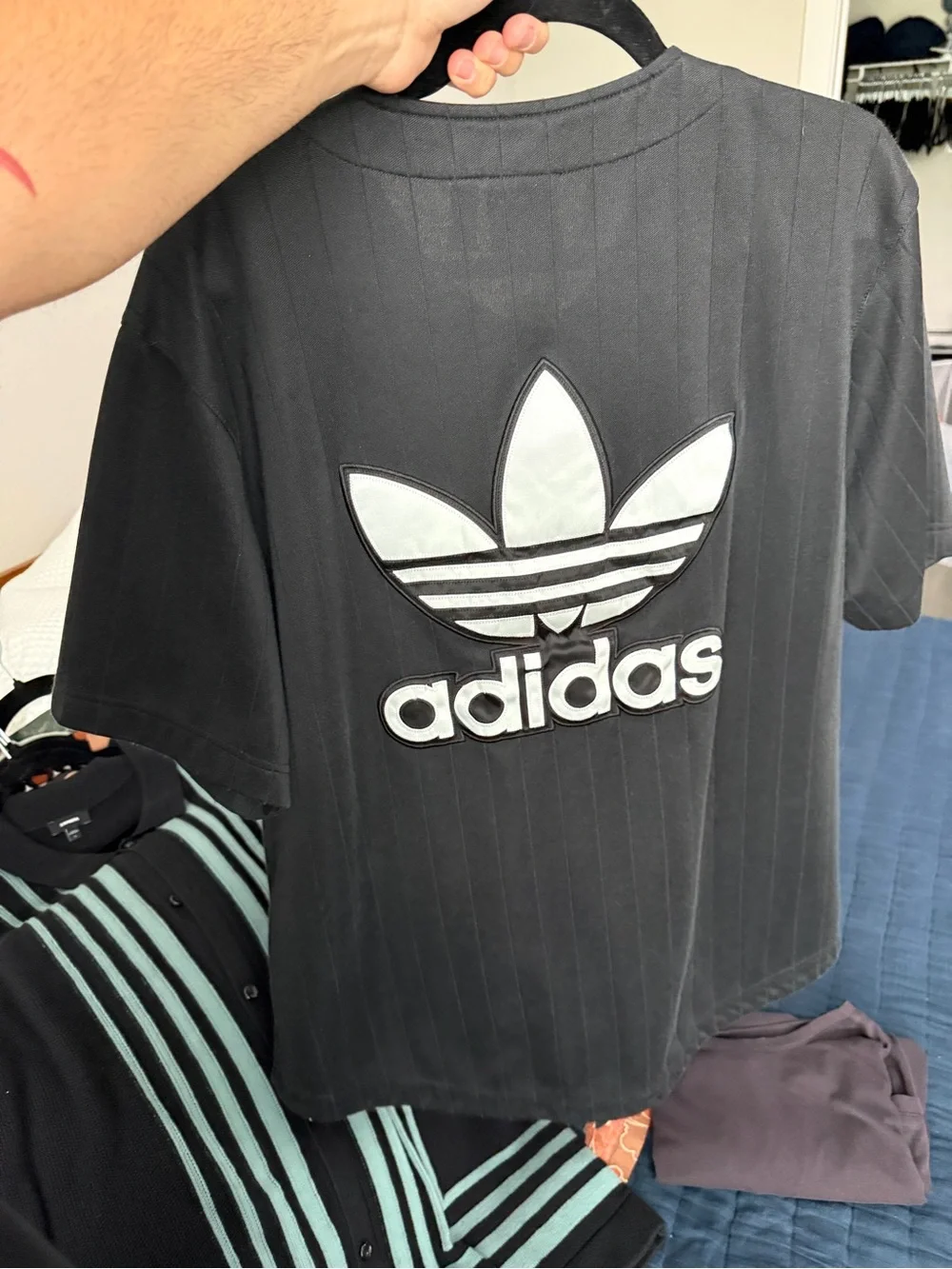adidas Black Short-Sleeve Button Baseball Jersey with Trefoil